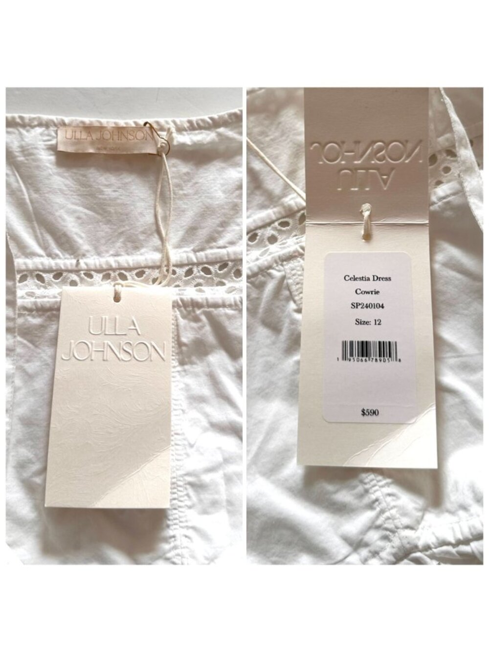 ULLA JOHNSON Celestia Broderie Anglaise Cotton Midi Dress, Sz12, Cowrie, NWT - Picture 6 of 16